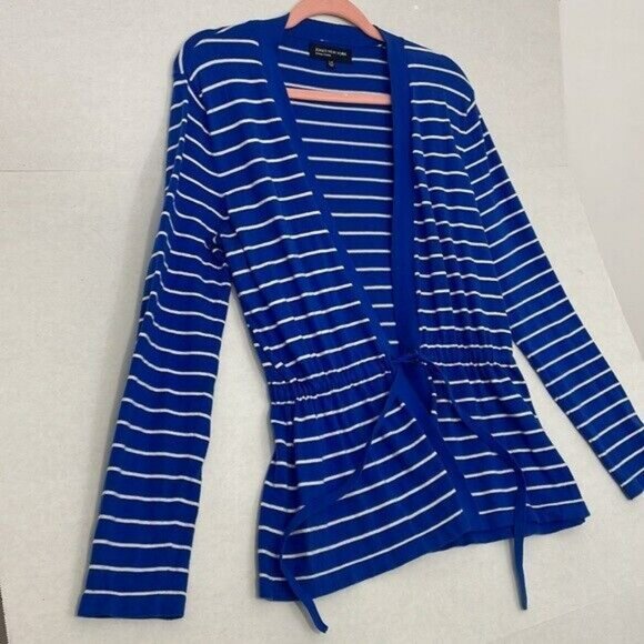 Jones New York Cardigan Sweater, Open Front with Drawstring, Blue and White, L - Picture 2 of 10